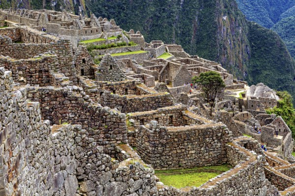 Complex arrangement of Machu Picchu stone terraces and structures, The ruins of the Inca city of