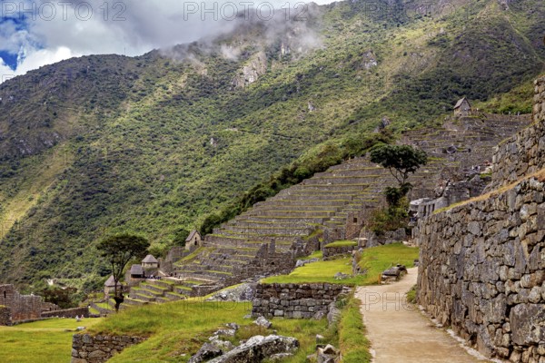 Terraced landscape with stone walls and lush greenery under cloudy sky, The ruins of the Inca city