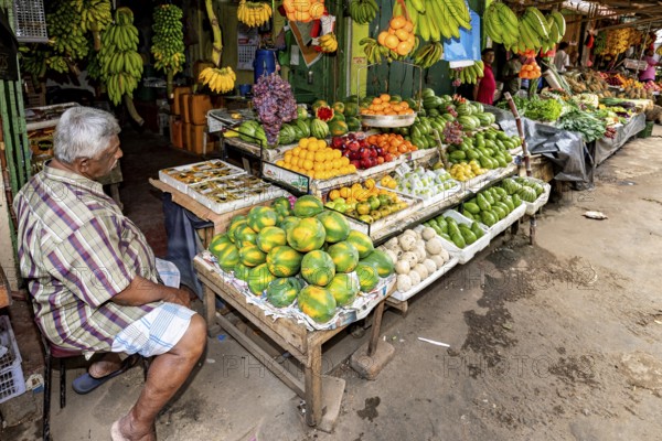 An elderly dealer at a stand with a variety of tropical fruits, dealer in the market halls of Kandy