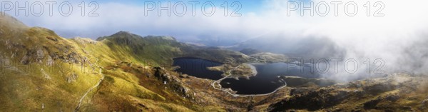 Pyg Track over Llyn Llydaw lake from a drone, Pen-y-Pass, mountain pass, Snowdonia, Gwynedd,