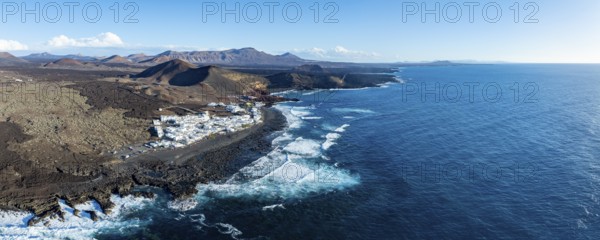 Coastal village fishing village El Golfo, volcanic landscape, coastal landscape, aerial view,