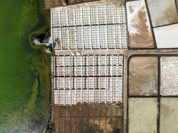 Salt mining plant, Salinas de Janubio, top-down, near Yaiza, drone shot, Lanzarote, Canary Islands,