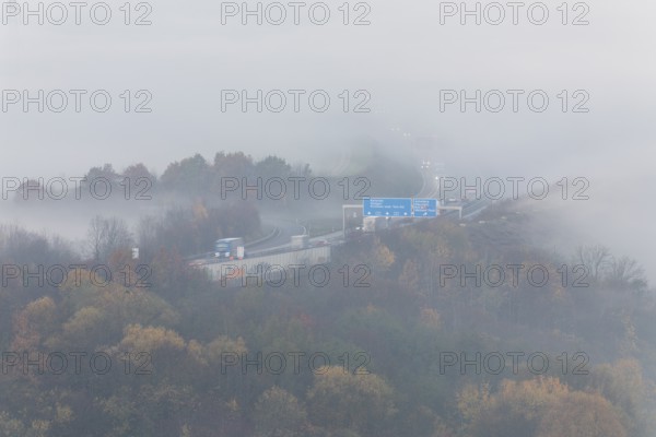 Aichelberg Alb climb of the A8 in thick fog on an autumn morning. Lkr. Göppingen,