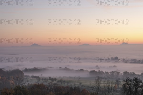 Three Kaiserberge mountains in golden morning light, Hohenstaufen, Aichelberg. Spectacular dawn