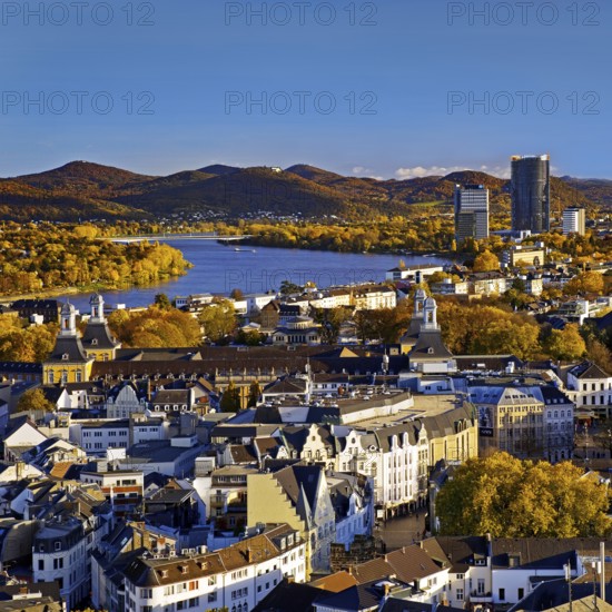 Autumn panoramic view from the town house of Bonn Minster, the Post Tower, the Rhine and the