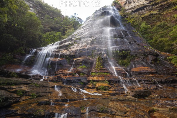 Leura Falls in a lush valley full of ferns and vegetation, Blue Mountains, New South Wales,