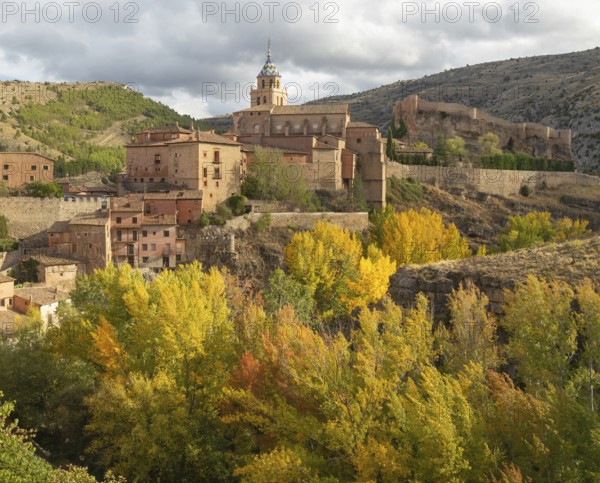 Historic buildings on hillside medieval village of Albarracin, Teruel province, Aragon, Spain
