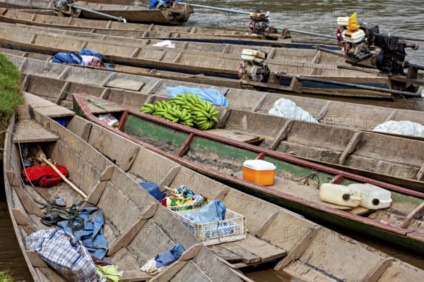 Wooden boats with bananas and motors on the banks of a river, longboat on a river near Rurrenabaque