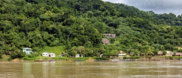 A forest next to a river with houses scattered along the shore under a cloudy sky, the city of