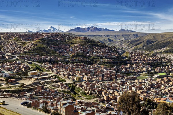 Scenic view of a city with surrounding mountains, the city of La Paz in Bolivia