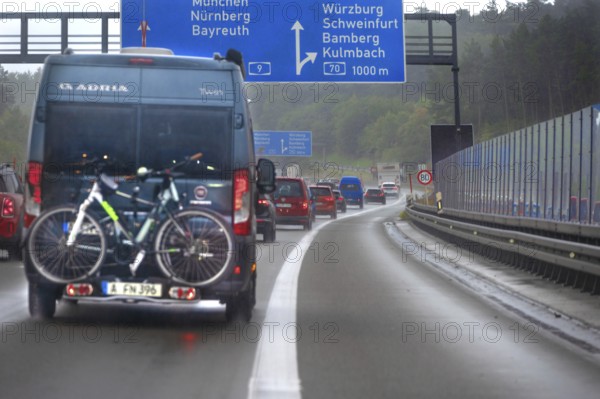 Traffic jam on the A9 motorway, a noise barrier on the right, Hof, Upper Franconia, Bavaria,