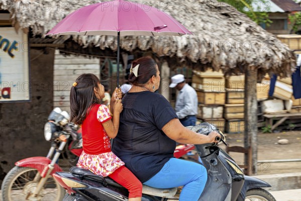 A woman and a child ride on a moped under a red umbrella in a tropical setting, A woman and child