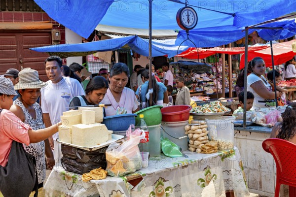 Market scene with people at a vegetable stand under colorful tent roofs, The Rurrenabaque market in
