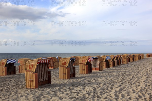 Empty, locked beach chairs on the beach, beach chair, sandy beach, Baltic Sea, Poel island,