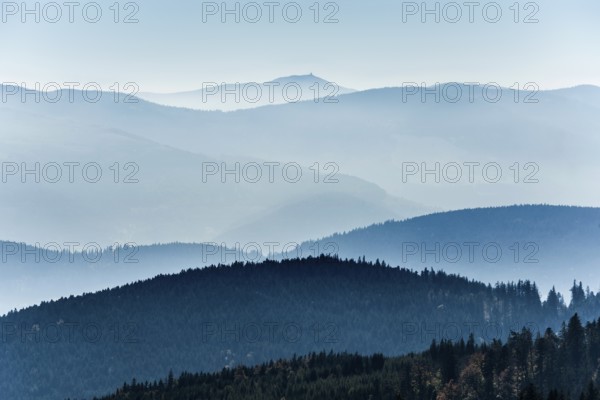 Staggered mountain ranges in haze, at Hohneck, Col de la Schlucht, Vosges, Alsace-Lorraine, Vosges