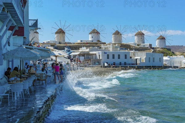 Mykonos, Cyclades, Greece - The six sixteenth-century windmills, lined up on a hill above Mykonos