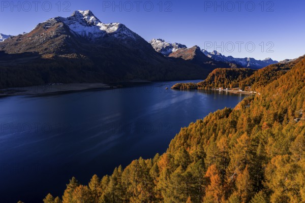 Mountain landscape, mountain lake, larch forest, autumn, autumn color, morning light, sunny, aerial