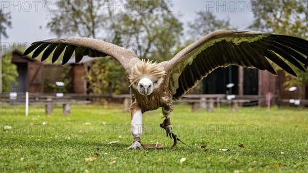 A vulture with widely extended wings stands in a meadow surrounded by trees and nature, The Griffon