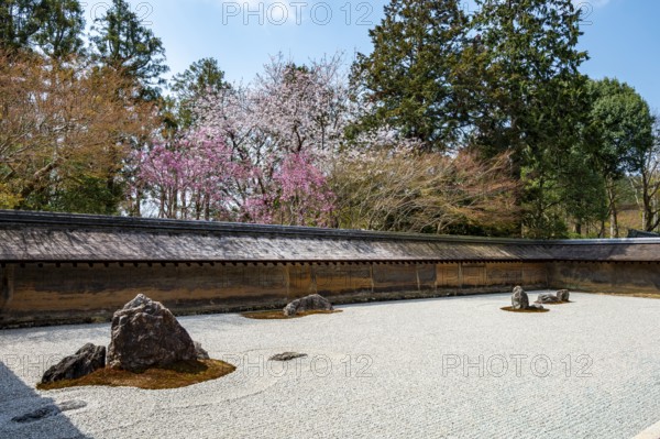 Kare-san-sui Japanese rock garden, Hojo Teien in Ryoan-ji, Zen Buddhist temple complex, in spring,