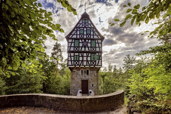 Half-timbered house in the forest surrounded by leaves, under a cloudy sky, with a curved stone
