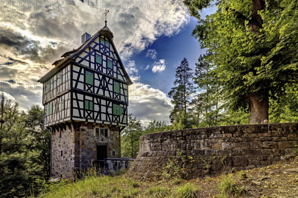 Half-timbered house on a stone base in the forest, surrounded by trees and a stone wall, under a