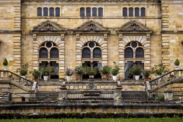 Detailed design of castle windows with decorative flowers, The Hummelshain hunting lodge in