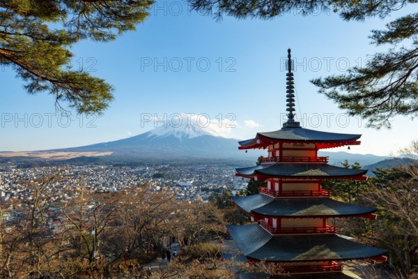 Five-story pagoda of a Shinto Shrine, Chureito Pagoda, with views of Fujiyoshida City and Mount