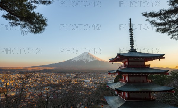 Five-story pagoda of a Shinto Shrine, Chureito Pagoda, with views of Fujiyoshida City and Mount
