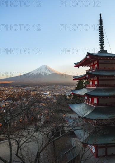Five-story pagoda of a Shinto Shrine, Chureito Pagoda, with views of Fujiyoshida City and Mount