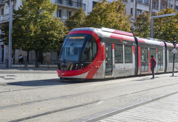 Light rail tram city public transport system CAF Urbos 3 trams, Tranvía de Zaragoza, Zaragoza,