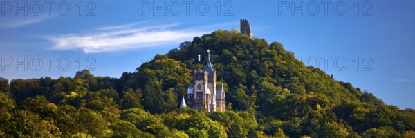 The mountain Drachenfels with Drachenburg Castle and the castle ruins, Siebengebirge, Königswinter,