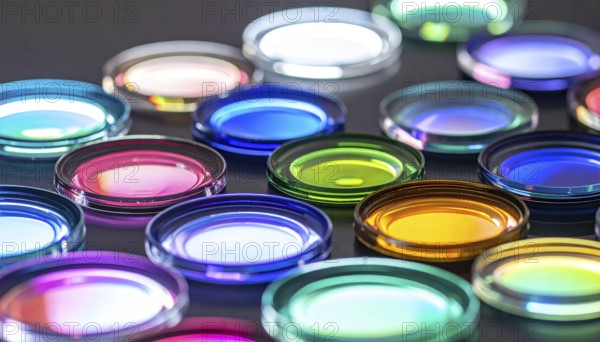 Abstract background of slightly unfocused multicolored glass lenses spinning and rotating,