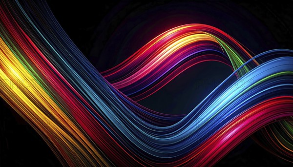Abstract digital art featuring vibrant, intersecting neon lines creating a geometric pattern,