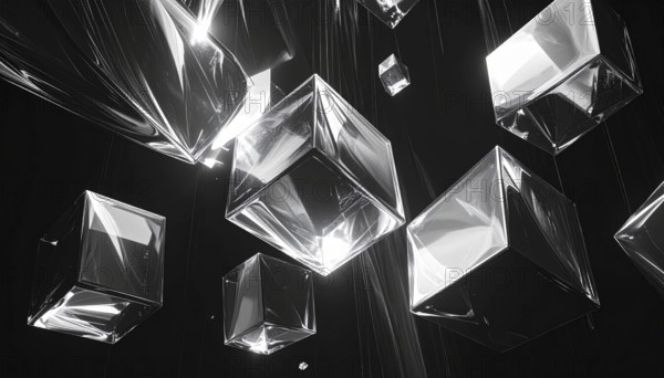 Abstract animation, glass cubes on black background, modern business wallpaper illustration, AI