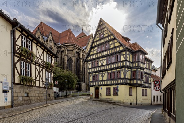 Half-timbered houses in a historic old town in sunshine and cobblestone streets, The old town of