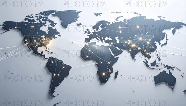 Abstract visualization of global rare earth supply network feeding EV industry, world map design,