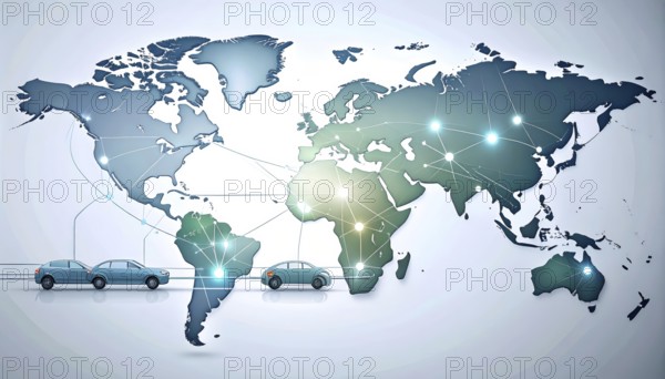 Abstract visualization of global rare earth supply network feeding EV industry, world map design,