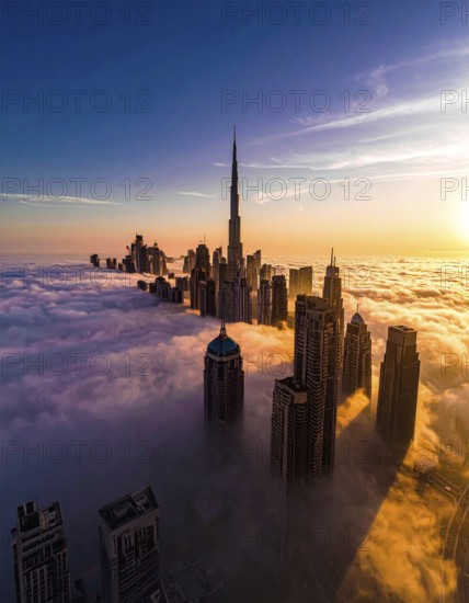 City scape emerging from a dense enveloping fog in sunrise and skyscrapers piercing the haze, big