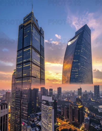 Collage of skyscrapers of a metropolitan city, various skylines with different blue sky in sunset,