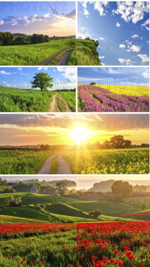 Collage of spring and summer landscapes, blooming flowers, green meadows and trees, hilly landscape
