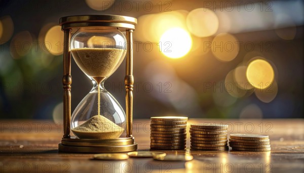 Hourglass and stacked golden coins, illustrating currency fluctuation and time impact commodities