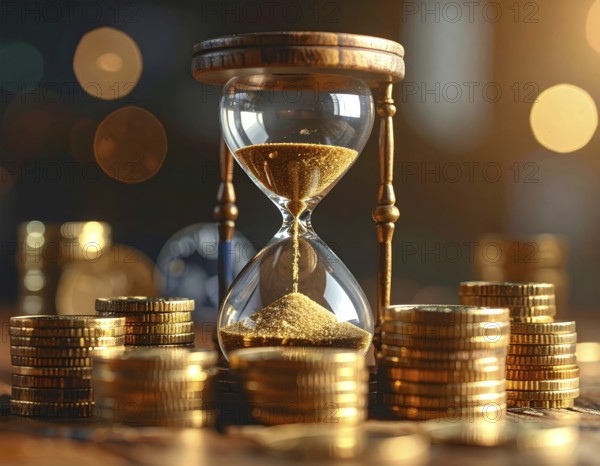 Hourglass and stacked golden coins, illustrating currency fluctuation and time impact commodities