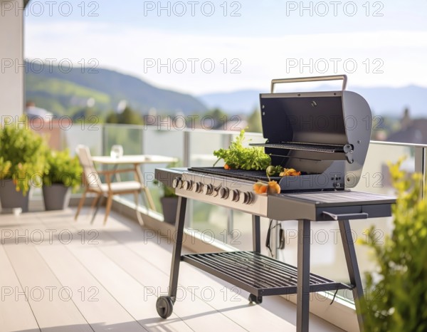 Cooking vegetables on grill on the balcony, healthy lifestyle, vegetarian barbeque, leisure time in