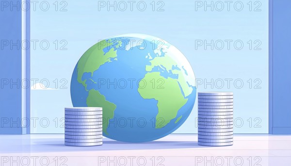 Green earth globe with silver coin stack symbolizing global finance economy and sustainable growth,