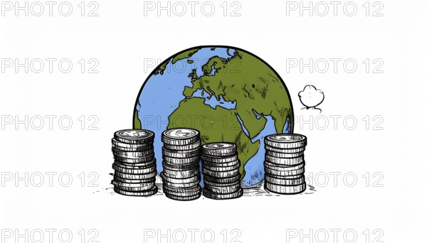 Green earth globe with silver coin stack symbolizing global finance economy and sustainable growth,