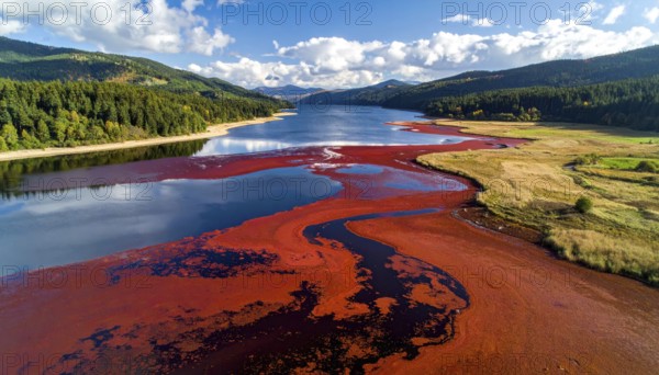 Red algae plant on the lake. abstract ecology nature concept, wild landscape with vibrant red