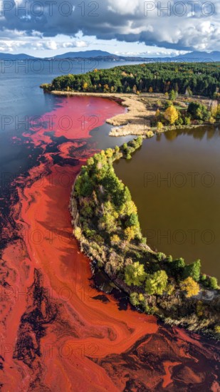 Red algae plant on the lake. abstract ecology nature concept, wild landscape with vibrant red