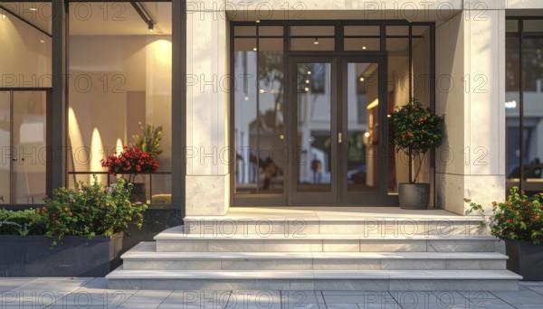 Modern building entrance with stairs, glass facade, and plants in warm evening light, empty