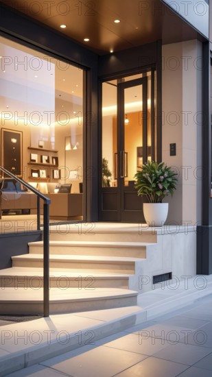 Modern building entrance with stairs, glass facade, and plants in warm evening light, empty