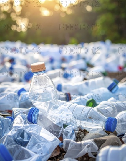 Crushed plastic water bottle waste in a wild landscape, symbol for nature protection, waste